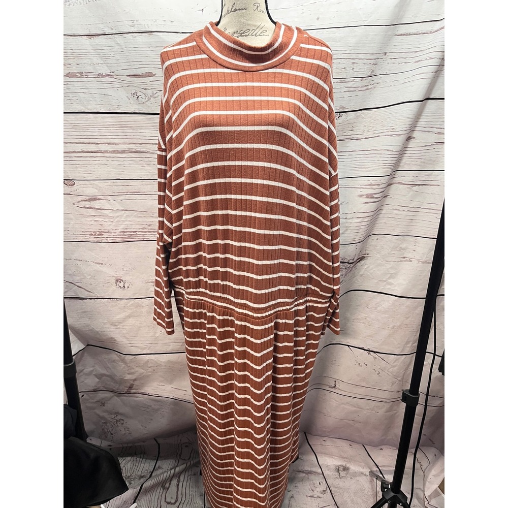 Old Navy Womens 4X Rust Striped Rib-Knit Mock Neck Dolman Sleeve Midi Dress
